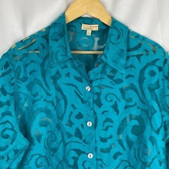 Choices Sheer Linen Blend Top 3/4 Length Sleeves Button Front XL Teal Green Blue - Picture 2 of 6